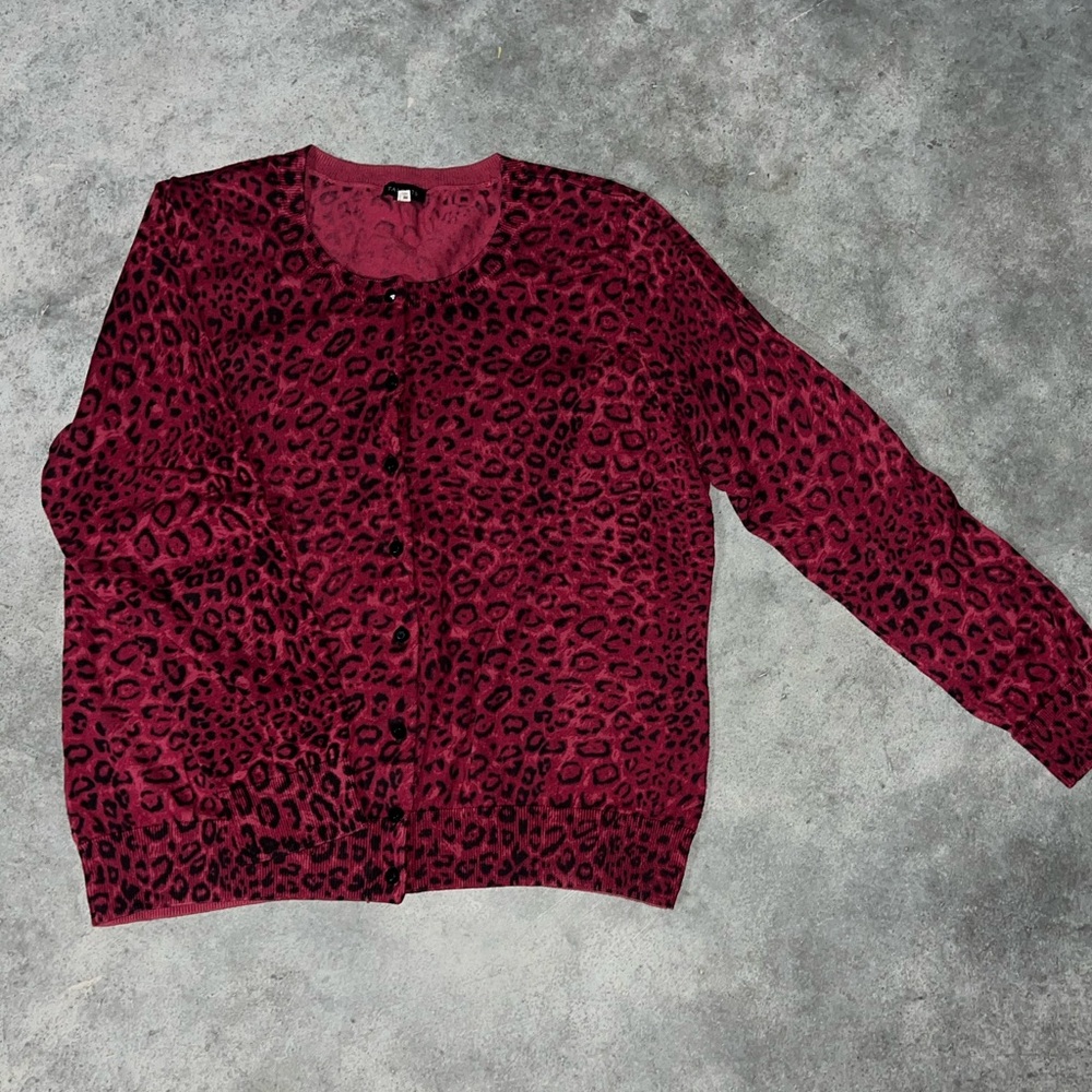 Talbots Burgundy Leopard-Print Button Cardigan XL